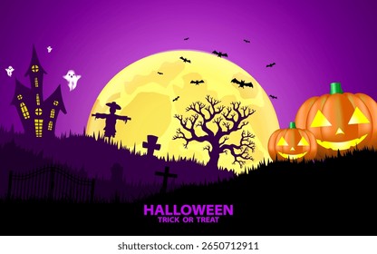 Flat design hand drawn spooky halloween graveyard and pumpkin silhouette background. Vector illustration.