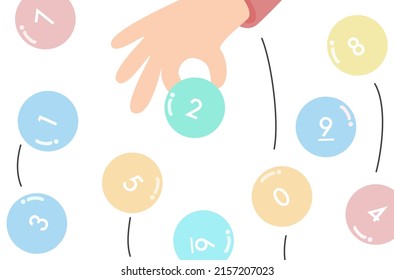 Flat design of hand grab random numbers, Thai lotto, Thai lottery random numbers, lucky random gambling game, lotto ball number zero to nine, entertaining gambling game.