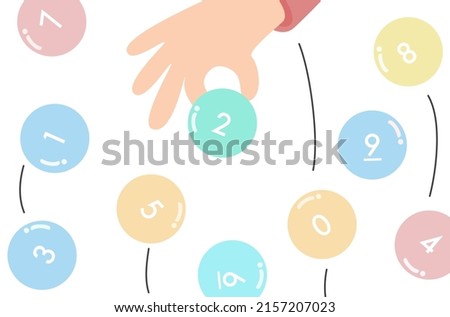 Flat design of hand grab random numbers, Thai lotto, Thai lottery random numbers, lucky random gambling game, lotto ball number zero to nine, entertaining gambling game.