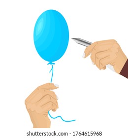 Flat design of the hand holding a balloon strap to pop with a white background. Illustration vector