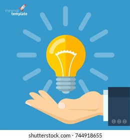 Flat design hand holding bright electric bulb icon for fresh creative idea and solution.