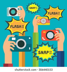 Flat design hand holding digital camera ,snap shot, flash, vector, illustration 