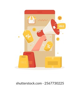 Flat design hand holding megaphone for marketing broadcast, Online store promotion sale offer, vector illustration