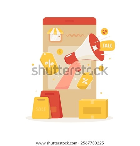 Flat design hand holding megaphone for marketing broadcast, Online store promotion sale offer, vector illustration