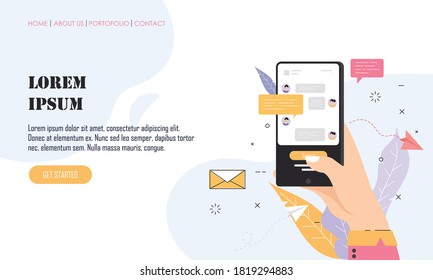 Mano de diseño plana con teléfono móvil con ilustración de mensajes en línea
