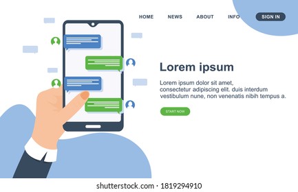 Mano de diseño plana con teléfono móvil con ilustración de mensajes en línea