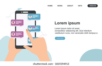 Flat design hand holding mobile phone with online messages illustration