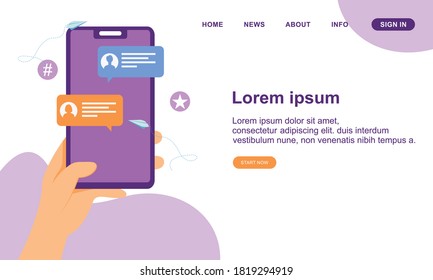 Flat design hand holding mobile phone with online messages illustration