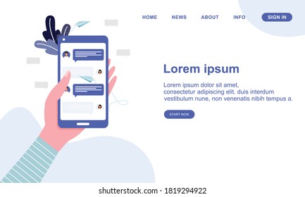 Handy mit Flachbild-Handy, das Mobiltelefon mit Online-Nachrichten-Illustration hält