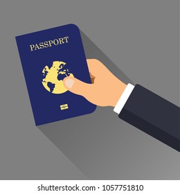 Flat design of hand holding passport. Vector international blue cover of passport template. International identification document for travel, isolated on grey background.