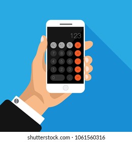 Flat design of hand holding phone with calculator app on screen. Smartphone isolated on blue background. Vector illustartion.