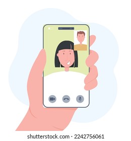 Flat Design, Hand holding Phone Modern Illustration, Vector Concept Cartoon Video Call