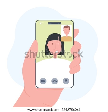 Flat Design, Hand holding Phone Modern Illustration, Vector Concept Cartoon Video Call