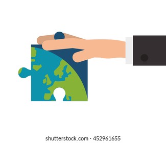 flat design hand holding puzzle piece of earth icon vector illustration