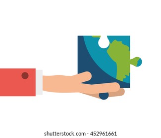 flat design hand holding puzzle piece of earth icon vector illustration