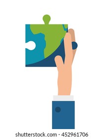 flat design hand holding puzzle piece of earth icon vector illustration