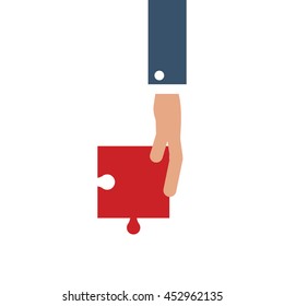 flat design hand holding puzzle piece icon vector illustration