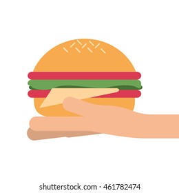 flat design hand holding single hamburger icon vector illustration