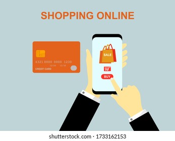 Flat design hand holding smartphone purchases order product sale and make a pay, shopping online by mobile phone internet, digital marketing store buy online shopping service, credit card payments