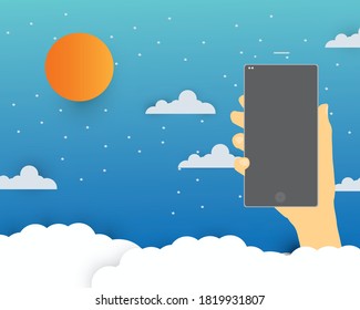 Flat design hand holding smartphone Blue sky Landscape blue sky and white clouds on sunny day. vector Illustration.