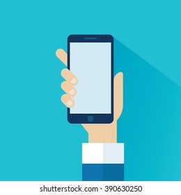 Mano de diseño plano con smartphone.