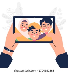 Flat design hand holding tablet app video call with friends