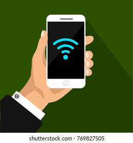  Flat design of hand holds smartphone with sign wi-fi on smartphone screen. Vector illustration. Isolated.