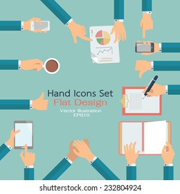 Flat design of hand icons set. Business concept of hand in many characters, presenting, showing, using tablet and smart phone, writing, thumb up and down, open book, applauding, and holding coffee.