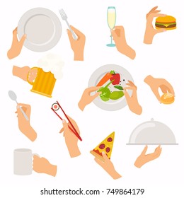 Flat design of hand icons set. Concept of hand hands hold different food and drink: beer, burger, bread, sushi, glass, salad, plate. Vector illustration.