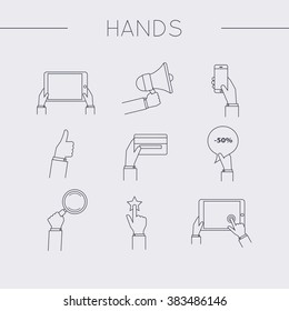 Flat design of hand line icons set. Concept of hand in many characters: presenting, showing, using tablet and smart phone, thumb up and down, holds magnifying glass and credit card.Vector illustration