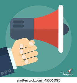 Flat design  hand with megaphone icon for application interface, presentation, web design and mobile app. Bullhorn icon, loudspeaker icon. Hand with megaphone icon. Hand holding loudspeaker icon.