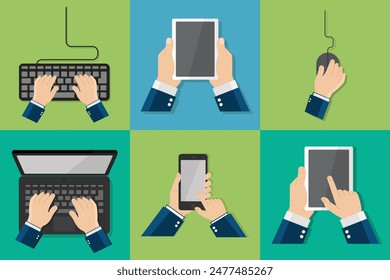 flat design hand on device tools keyboard tablet mouse laptop smartphone vector illustration