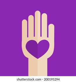 Flat Design Hand Palm with Heart. Vector Illustration