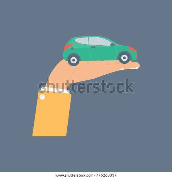 \
Flat design hand presenting a\
small car vector illustration concept of automobile insurance\
\
