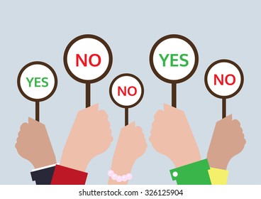 Flat Design With Hand Raised With Yes Sign And No Sign, Business Concept Vector