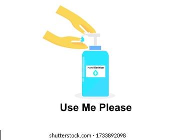 Flat design hand sanitiser gel, text use me please, hygiene antibacterial hand sanitizer isolation white background, protection from germs virus covid-19 or coronavirus use for sign poster 