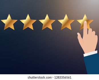 Flat Design Hand with Star Rating. Evaluation System and Positive Review Sign. Vector Illustration