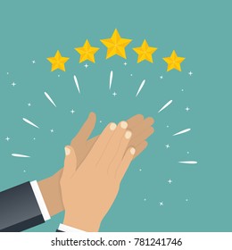 Flat Design Hand with Star Rating.  Evaluation System and Positive Review Sign. Vector Illustration EPS10
