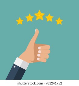 Flat Design Hand with Star Rating.  Evaluation System and Positive Review Sign. Vector Illustration EPS10