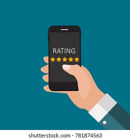 Flat Design Hand with Star Rating.  Evaluation System and Positive Review Sign. Vector Illustration EPS10