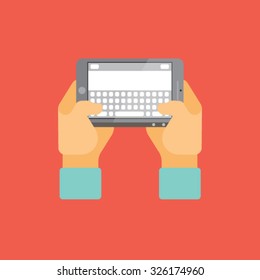 flat design hand typing on hand phone. vector