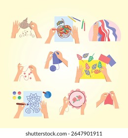 Design plano conjunto feito à mão com vários hobbies criativos isolados no fundo branco ilustração ferramentas de material de arte paleta de cores ocupação origami tinta acrílica moda