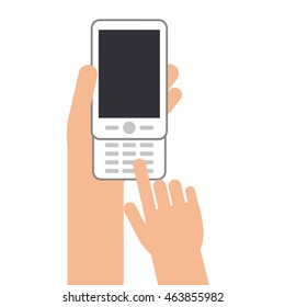 flat design hands with cellphone with buttons icon vector illustration