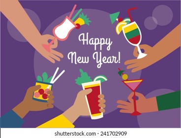 flat design of hands holding cocktail drinks, with "Happy New Year!" text