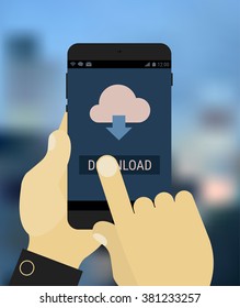Flat design hands holding mobile device with downloading app, on trendy blurred background