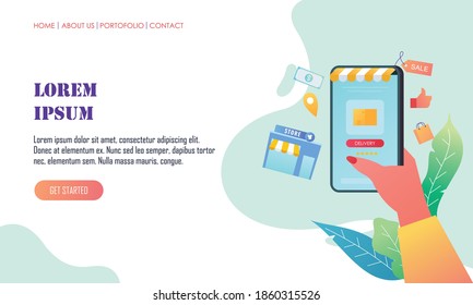 Flat design hands holding smartphone and buying in online store illustration