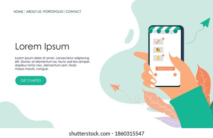 Flat design hands holding smartphone and buying in online store illustration