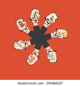 flat design hands holding smartphones
