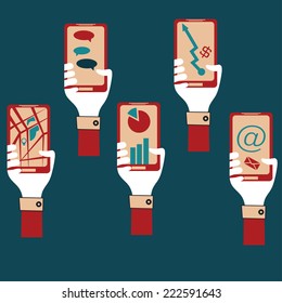 flat design hands holding smartphones