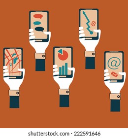 flat design hands holding smartphones